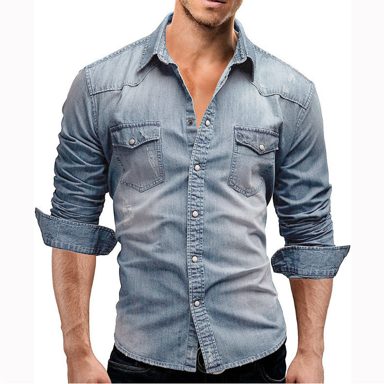 Herre Denim Skjorte Retro Stil med Knapplommer