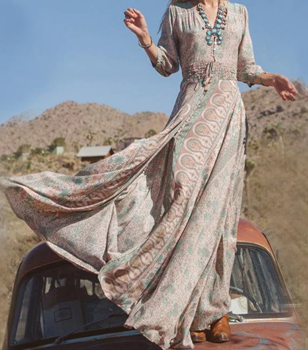 Kvinne Maxikjole Vintage Stil 100% Bomull Elegant Lang Lengde-2