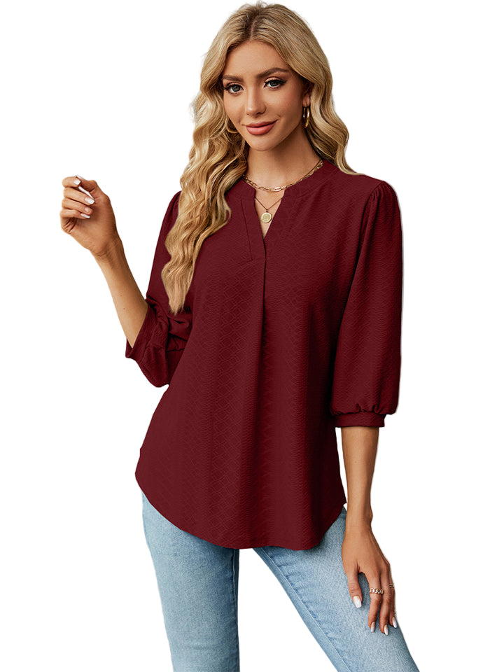 Bluse med Notch Hals og Trekvart Ermer for Damer 8
