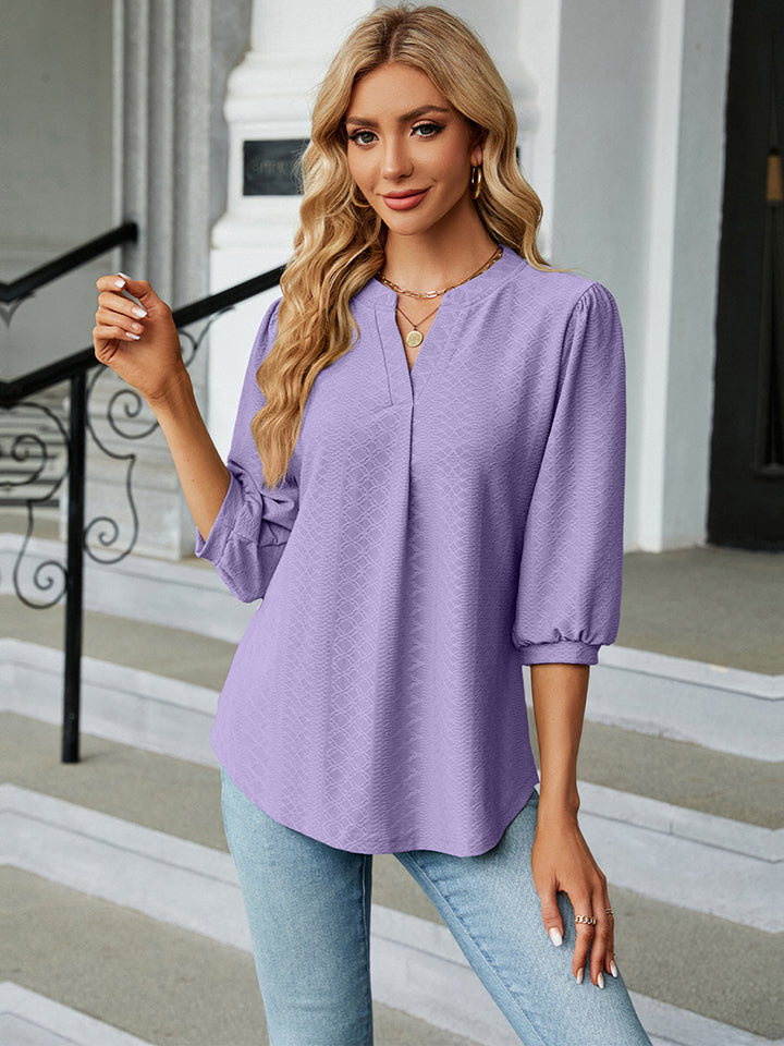 Bluse med Notch Hals og Trekvart Ermer for Damer 9
