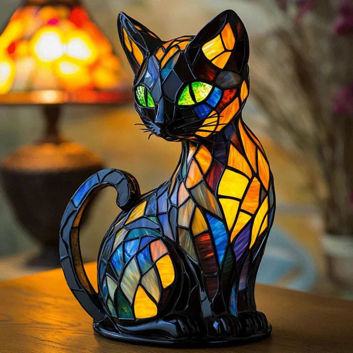 Bordlampe Med Kunstnerisk Kattedesign Farget Glass 0