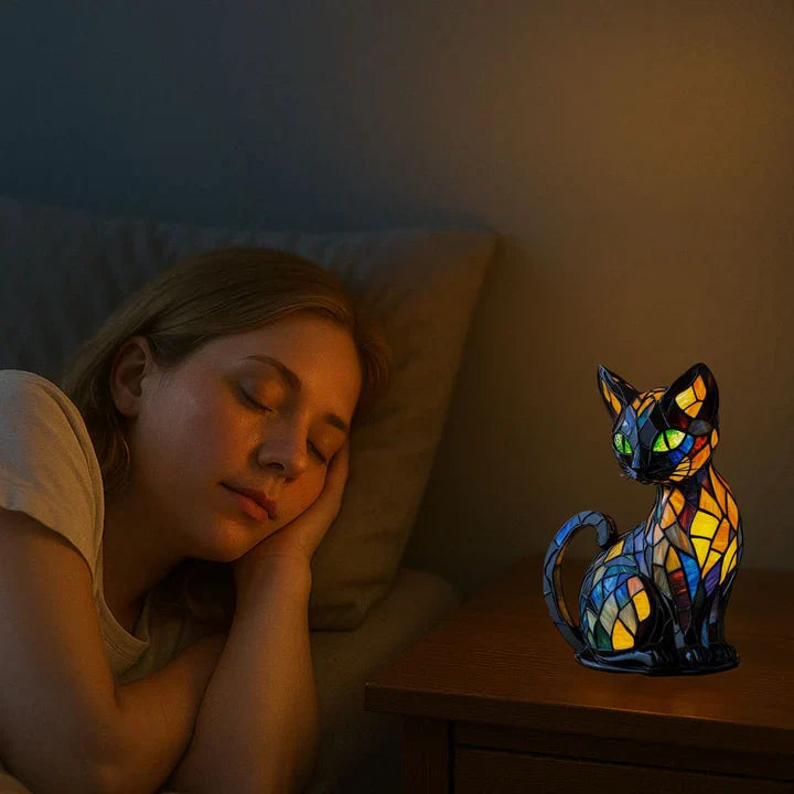 Bordlampe Med Kunstnerisk Kattedesign Farget Glass 4