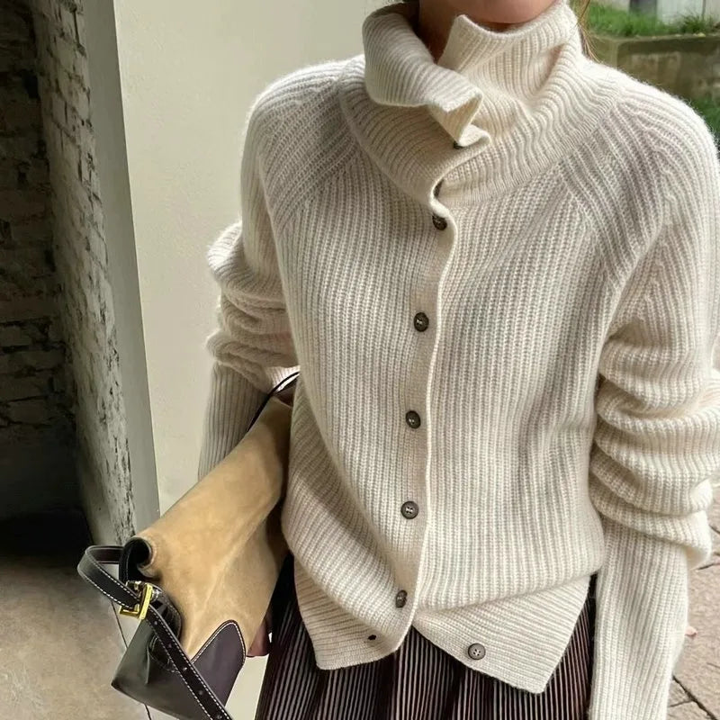 Cardigan Dame Strikket med Høy Hals - Løs Passform for Komfortabel Lag-på-lag Styling 0