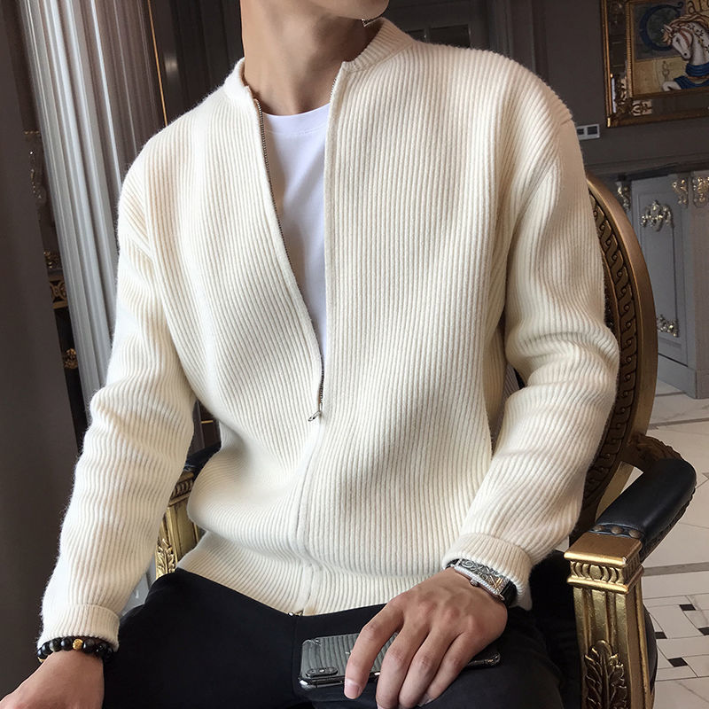 Cardigan Jakke Herre Med Glidelås Ribbestrikket Design 1