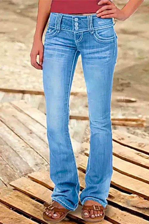 Dame Bell Bottom Jeans med Knapp og Lommer 1