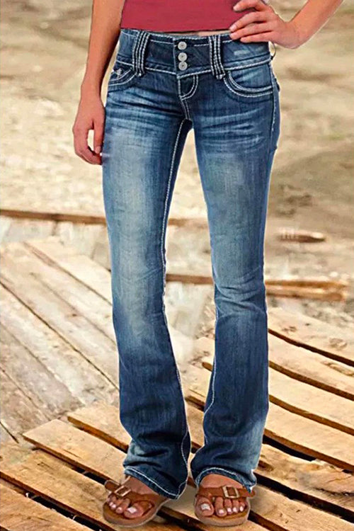 Dame Bell Bottom Jeans med Knapp og Lommer 2