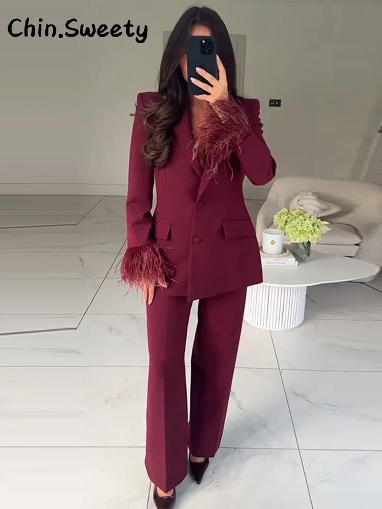 Dame Blazer og Bukse Sett med Skulderputer 0