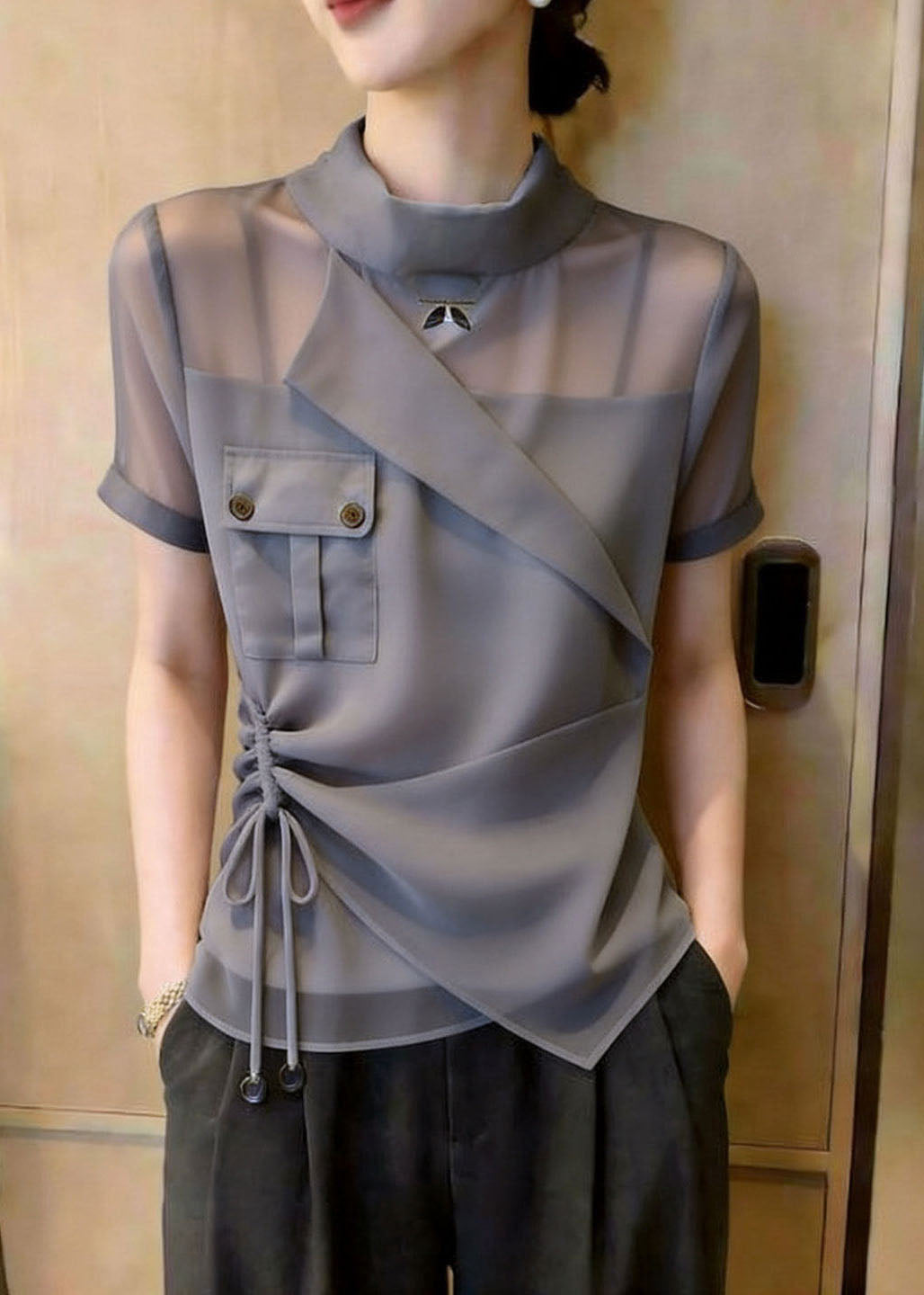 Dame Bluse Asymmetrisk Design med Stativ Krage og Snøring 2