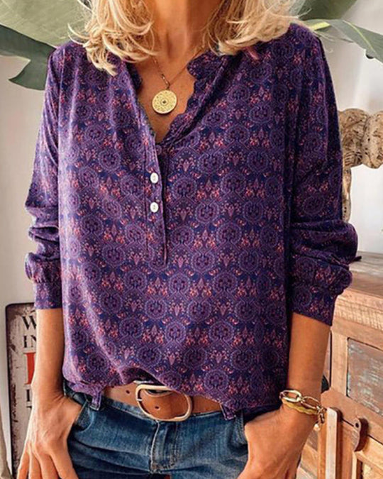 Dame Bluse Lange Ermer Vintage Print 1