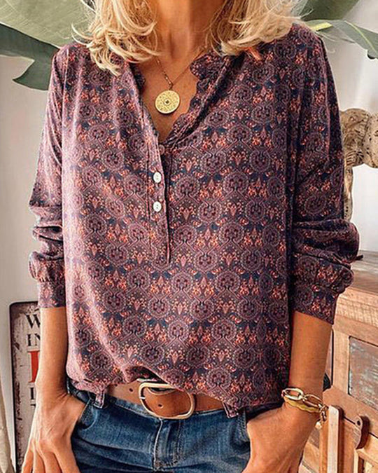 Dame Bluse Lange Ermer Vintage Print 2
