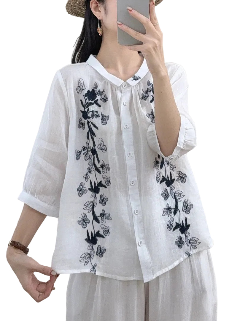 Dame Bluse Med Broderte Sommerfugler Vintage 0