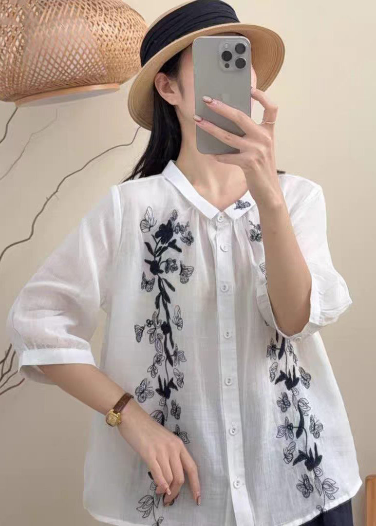 Dame Bluse Med Broderte Sommerfugler Vintage 1