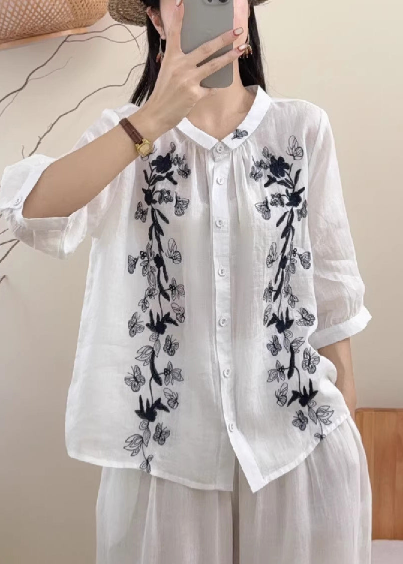 Dame Bluse Med Broderte Sommerfugler Vintage 2