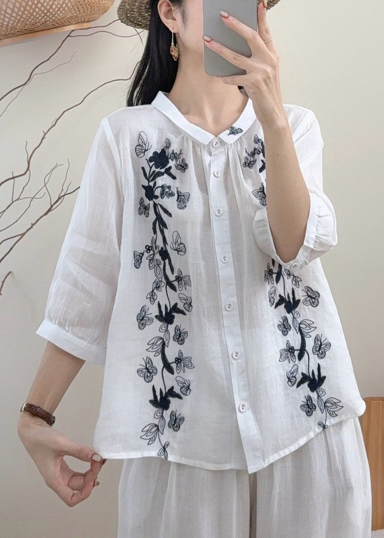 Dame Bluse Med Broderte Sommerfugler Vintage 3