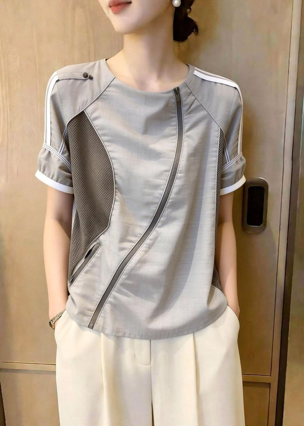 Dame Bluse O-hals Patchwork Stil 4