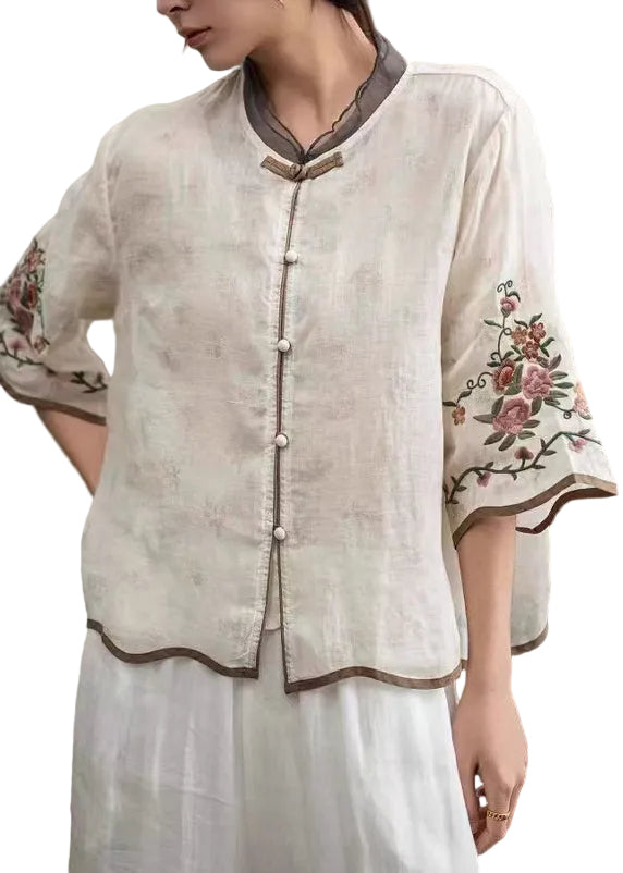 Dame Bluse med Kinesisk Knapp og Broderi Halv Erme 0