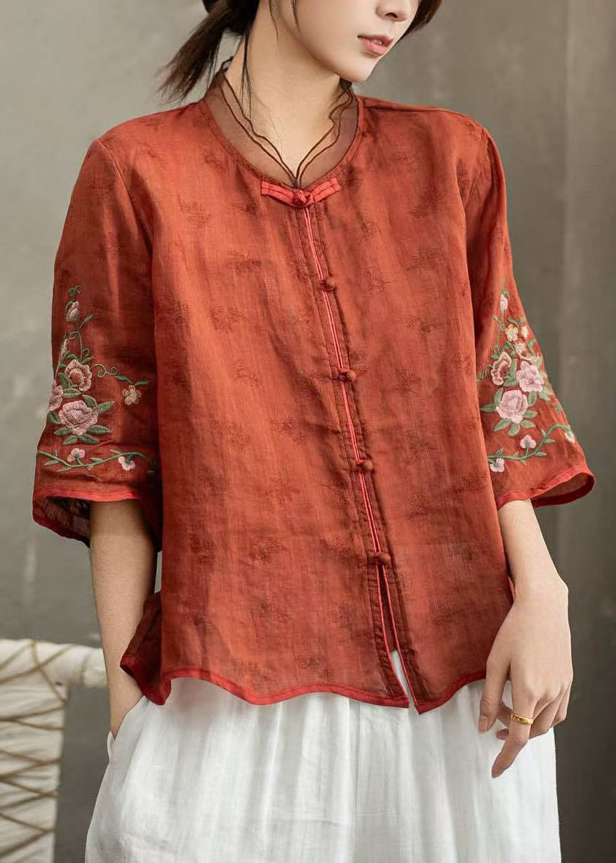 Dame Bluse med Kinesisk Knapp og Broderi Halv Erme 1