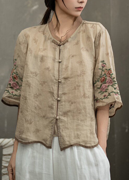 Dame Bluse med Kinesisk Knapp og Broderi Halv Erme 2