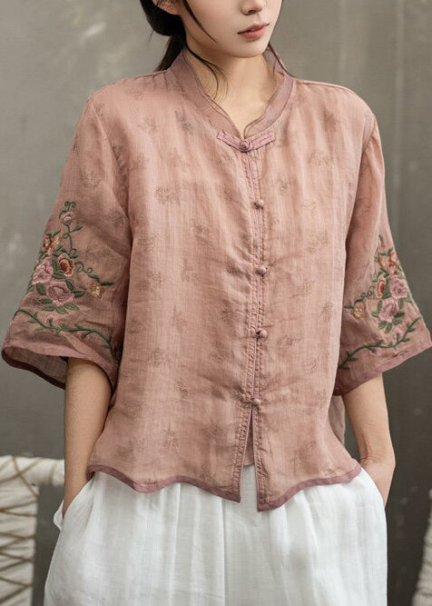 Dame Bluse med Kinesisk Knapp og Broderi Halv Erme 3