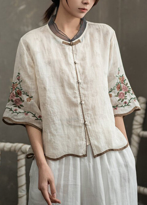 Dame Bluse med Kinesisk Knapp og Broderi Halv Erme 4