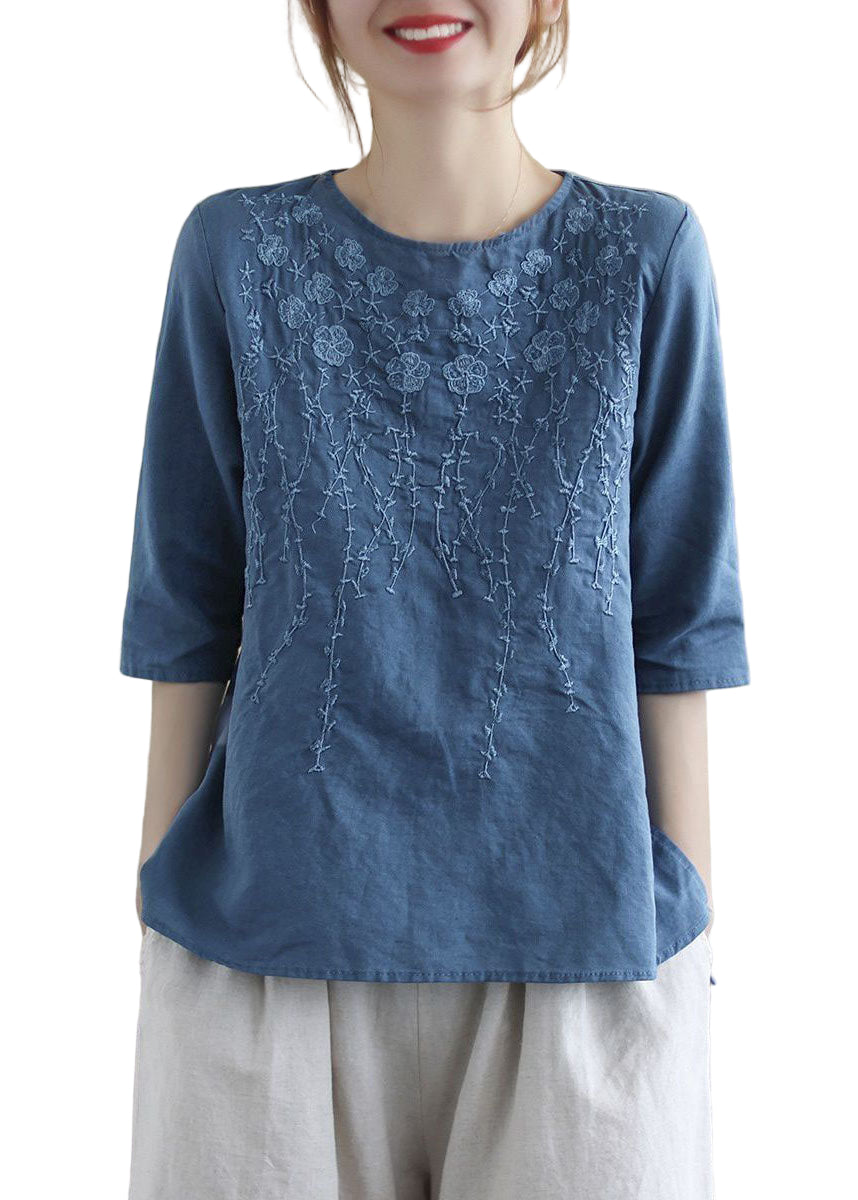 Dame Bluse med O-Hals og Broderi 0