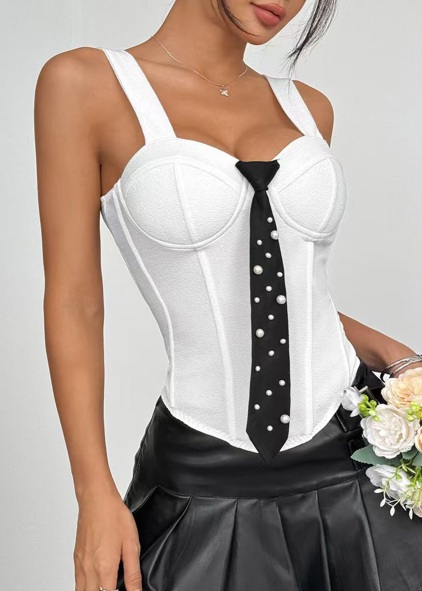 Dame Bustier Topp med Perledetaljer og Slips 2