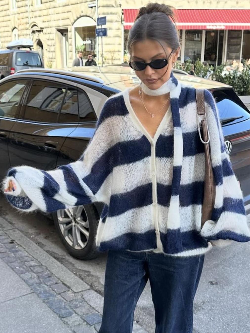 Dame Cardigan Stripet Løs Passform 1