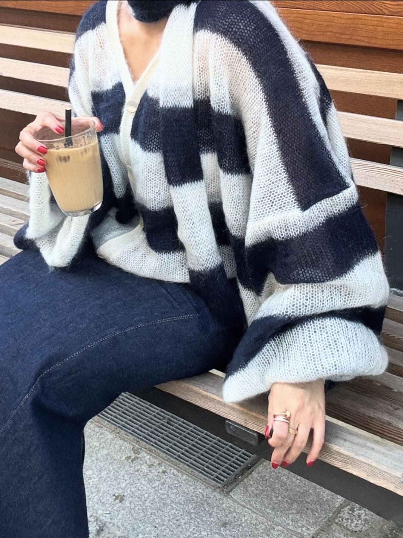 Dame Cardigan Stripet Løs Passform 2