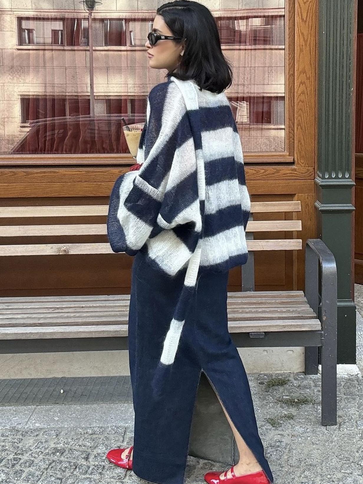 Dame Cardigan Stripet Løs Passform 4
