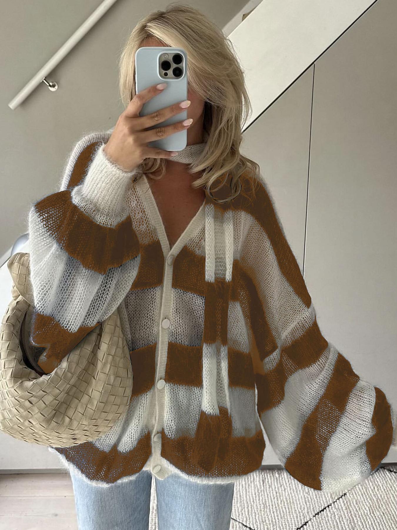 Dame Cardigan Stripet Løs Passform 6