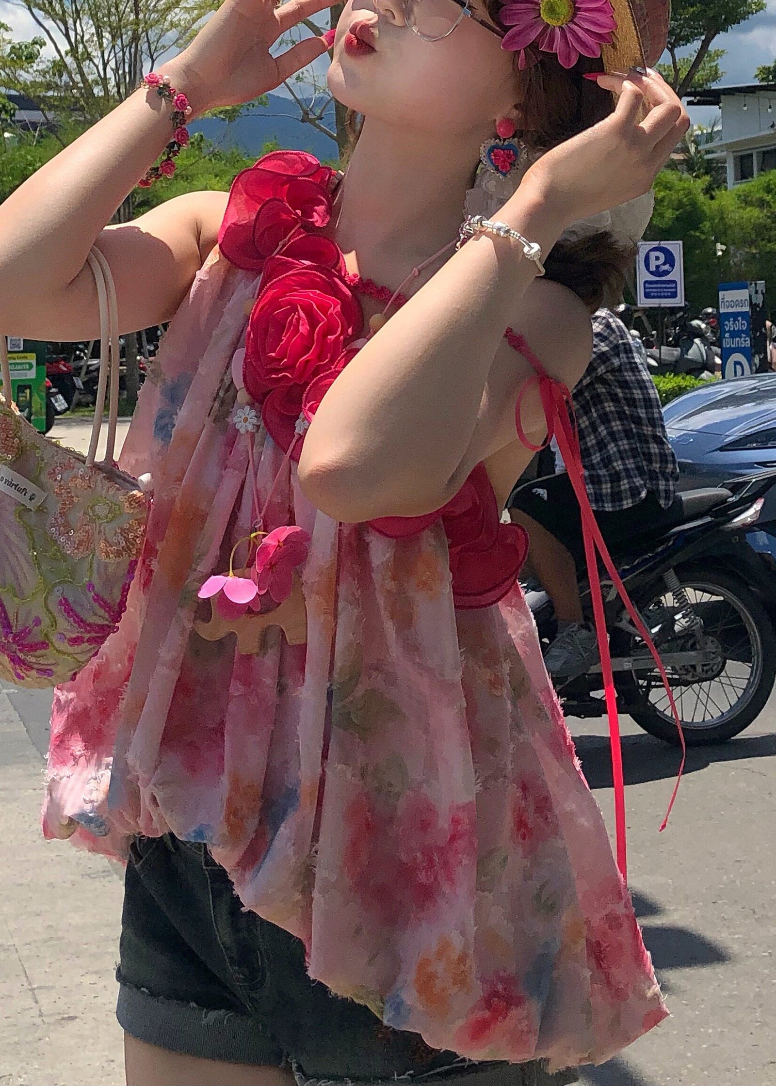 Dame Chiffon Topp Med En Skulder Blomstermønster Ermeløs 4