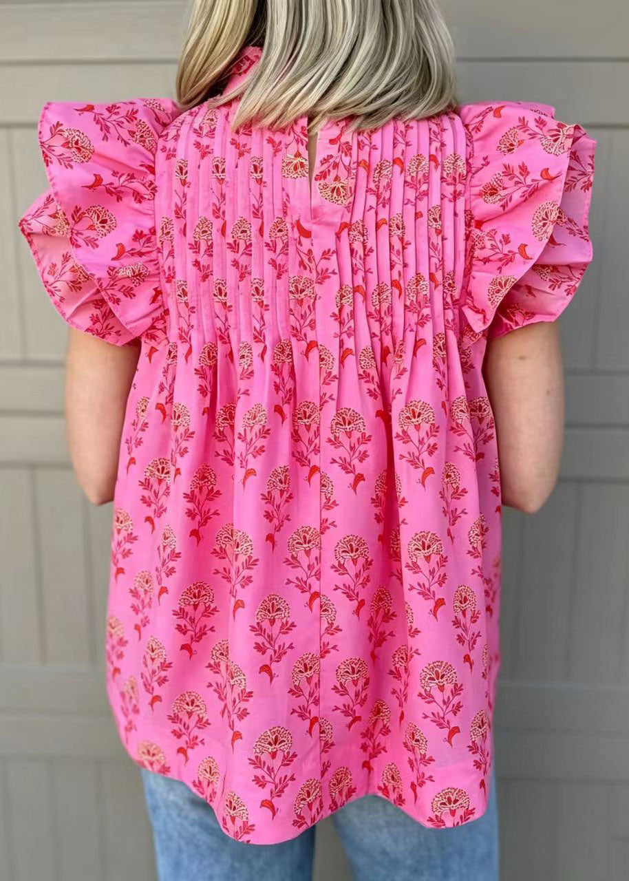 Dame Chiffonskjorte med Fransk Rose og Sommerfuglmønster 4