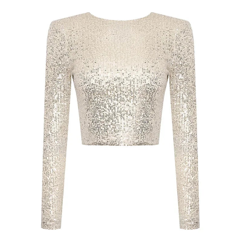 Dame Cropped Top med Paljetter Tett Passform 0