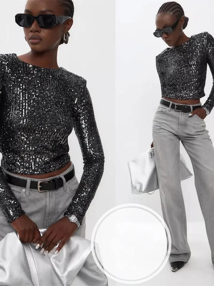 Dame Cropped Top med Paljetter Tett Passform 3