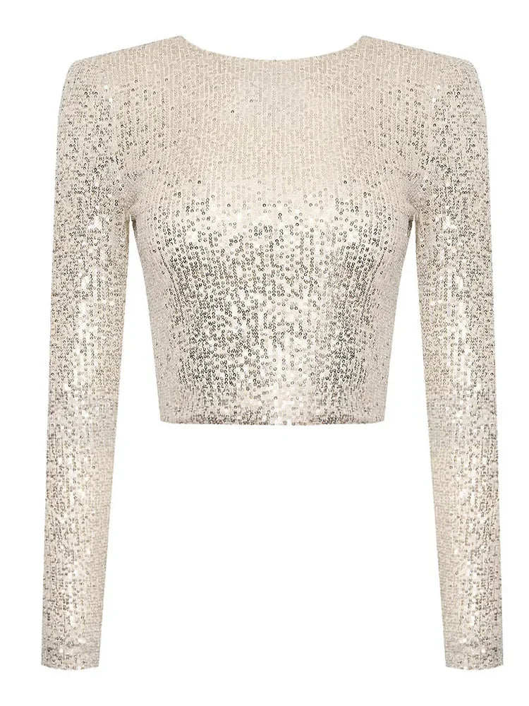 Dame Cropped Top med Paljetter Tett Passform 4