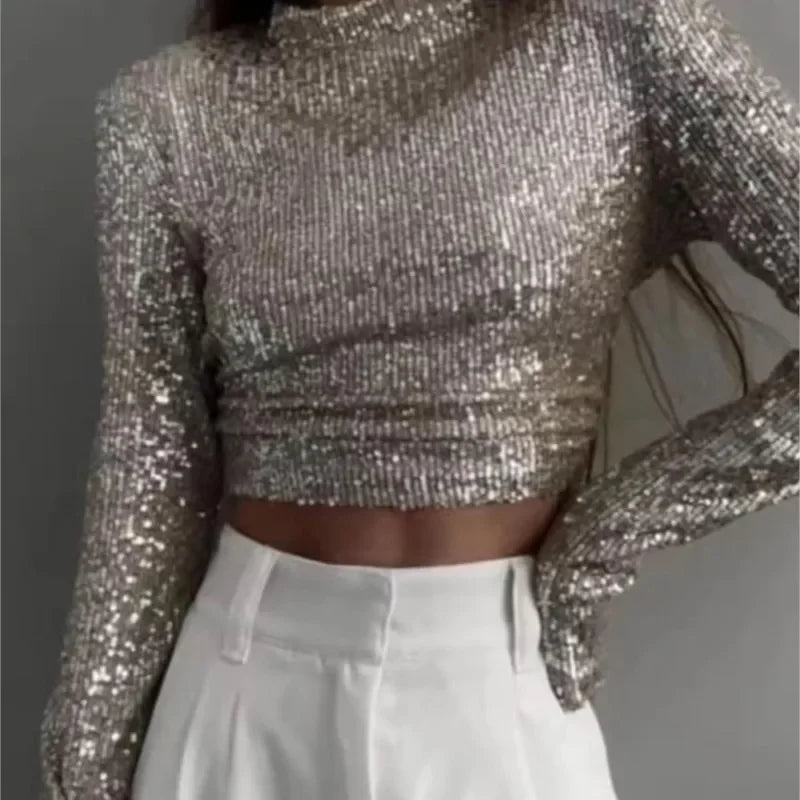 Dame Cropped Top med Paljetter Tett Passform 6