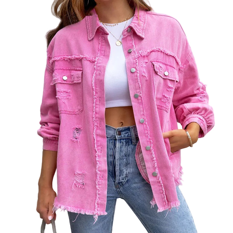 Dame Denim Jakke Tattered Trendy Fillete Design 0