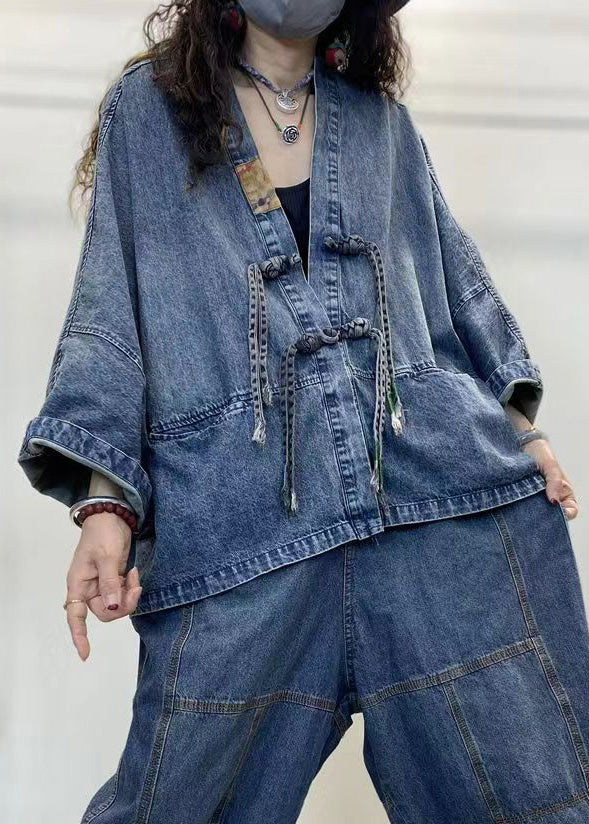 Dame Denim Jakke V-hals Lange Ermer Patchwork Design 1