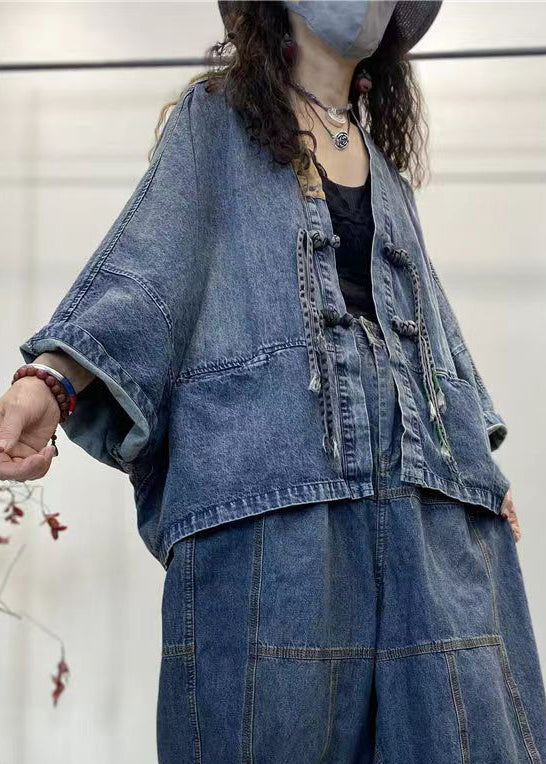 Dame Denim Jakke V-hals Lange Ermer Patchwork Design 3