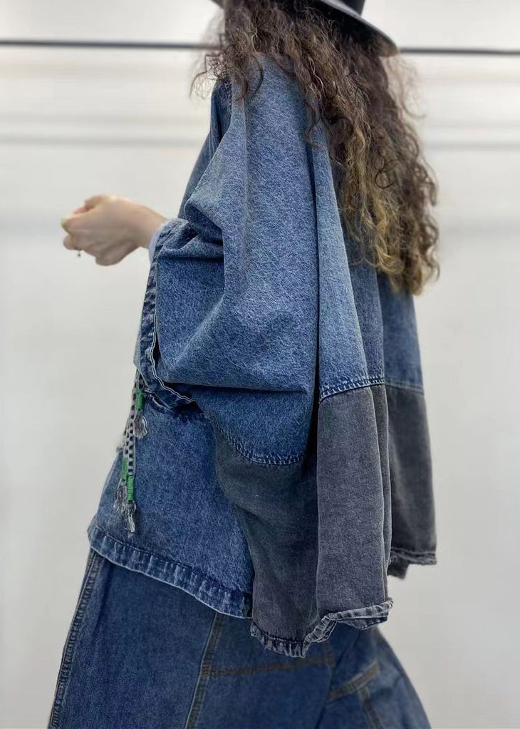 Dame Denim Jakke V-hals Lange Ermer Patchwork Design 4
