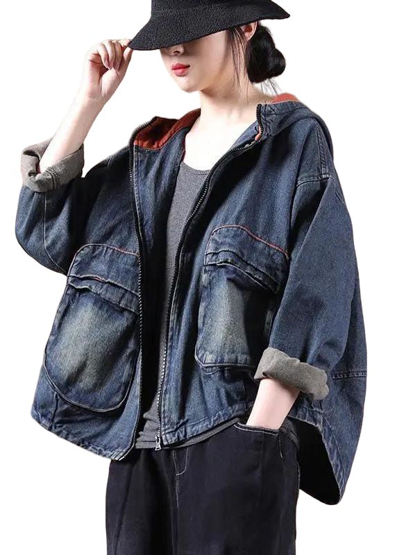 Dame Denim Jakke med Hette og Glidelås 0