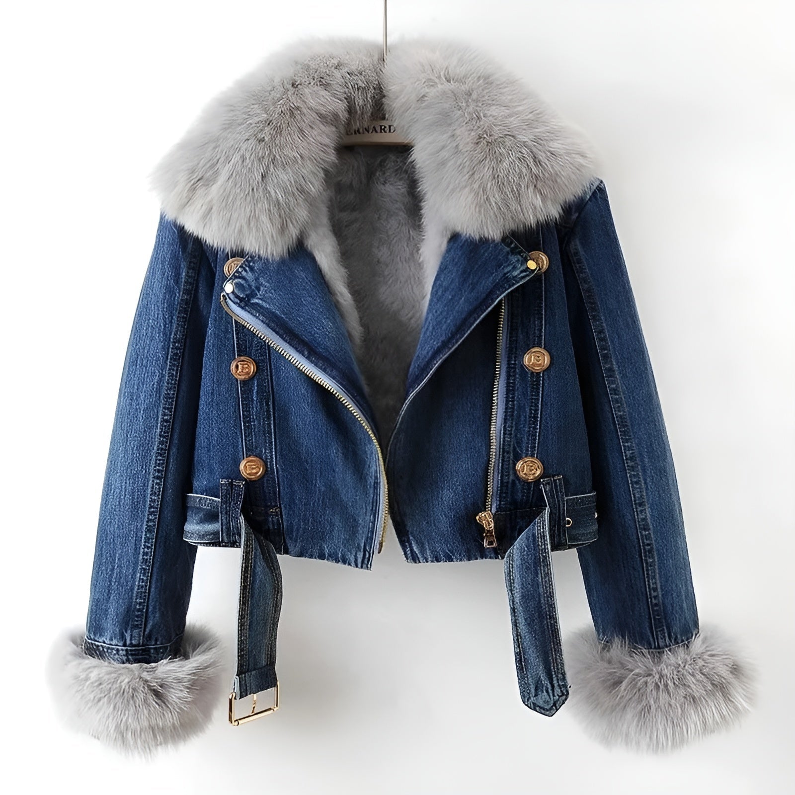 Dame Denimjakke Biker Med Avtakbar Pelskrage 1