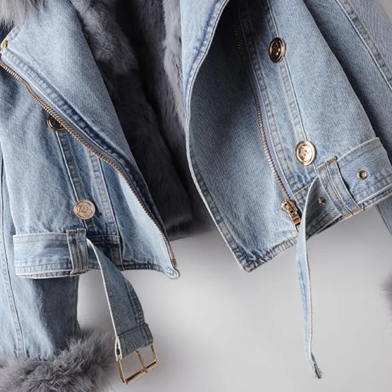 Dame Denimjakke Biker Med Avtakbar Pelskrage 4