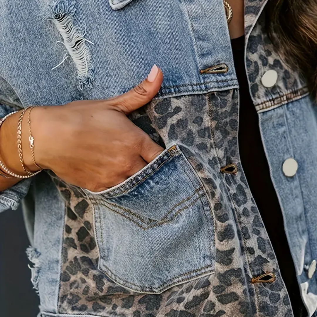 Dame Denimjakke Leopardprint Moderne 4