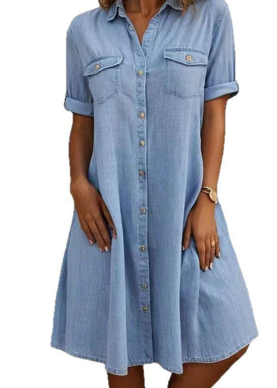 Dame Denimkjole med Peter Pan Krage og Lommer 4