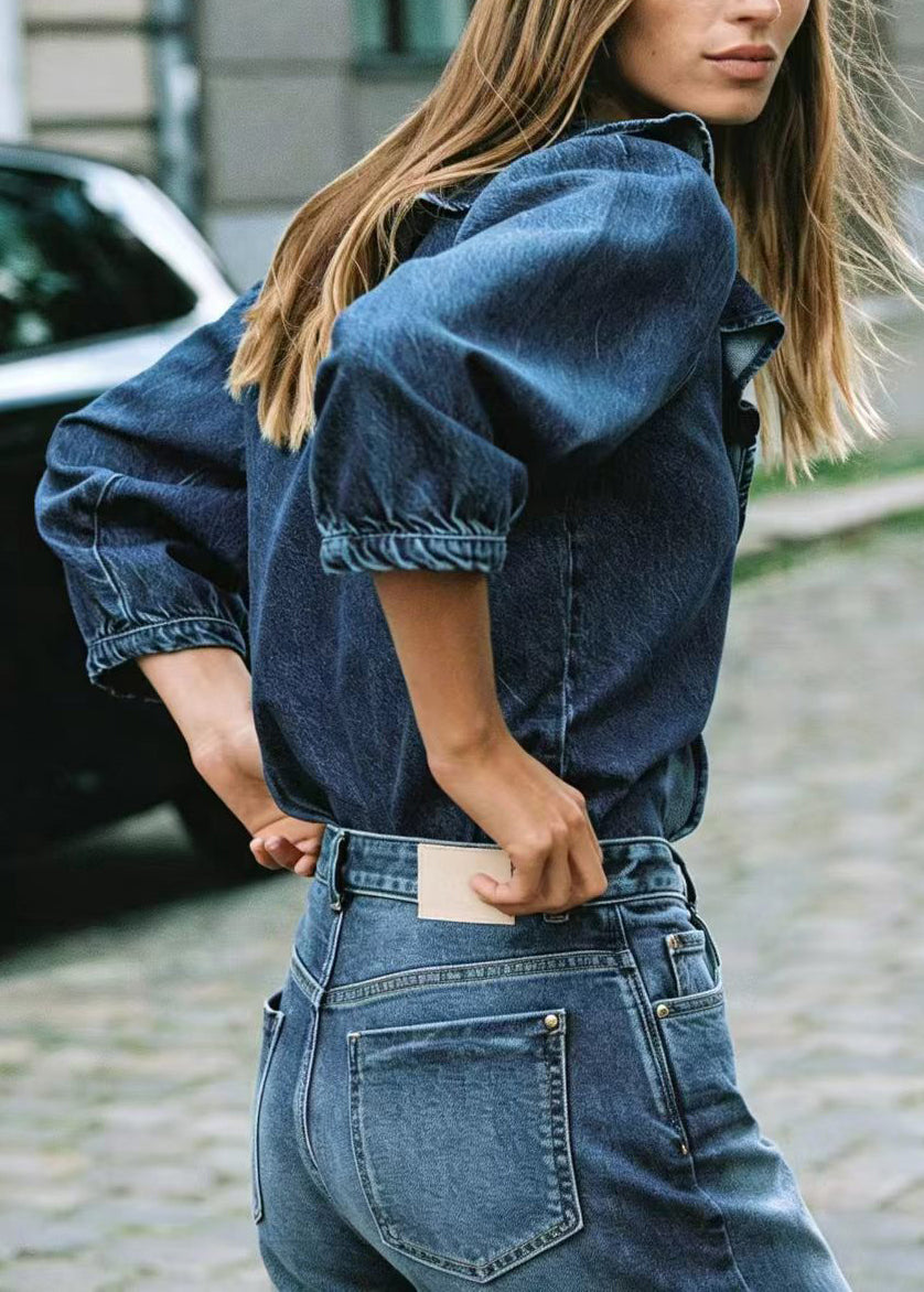 Dame Denimskjorte med V-hals og Volanger Langermet 0