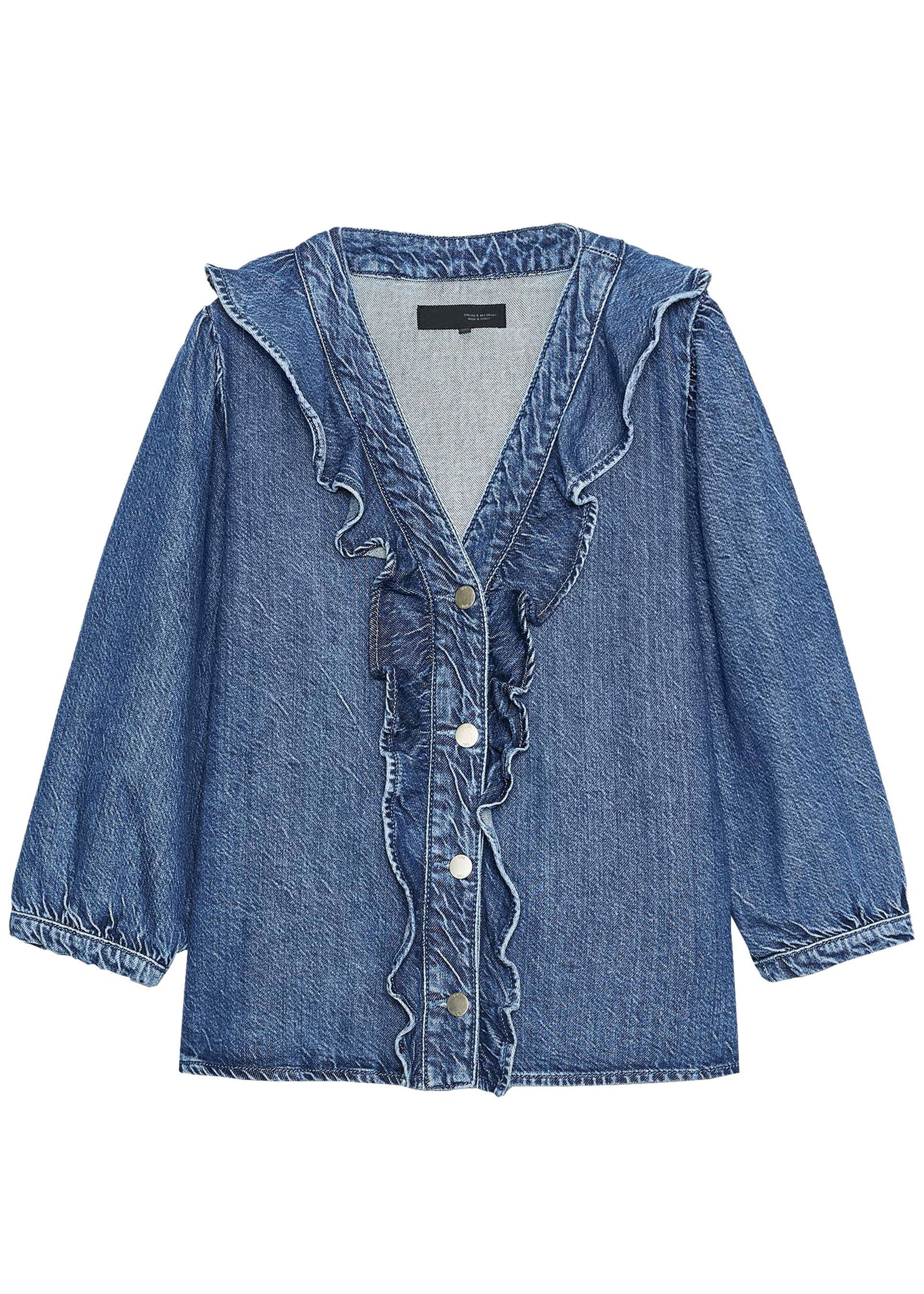 Dame Denimskjorte med V-hals og Volanger Langermet 4