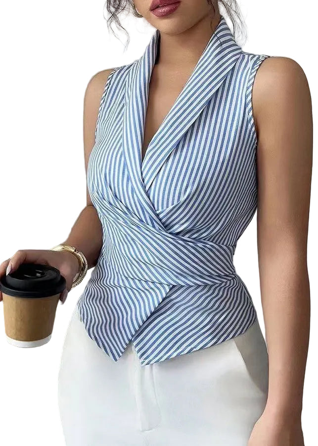Dame Ermeløs Bluse V-hals Stripete Design 0