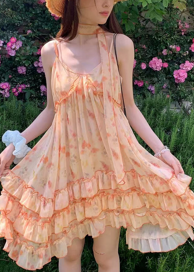 Dame Feriekjole med Oransje Print Chiffon 1