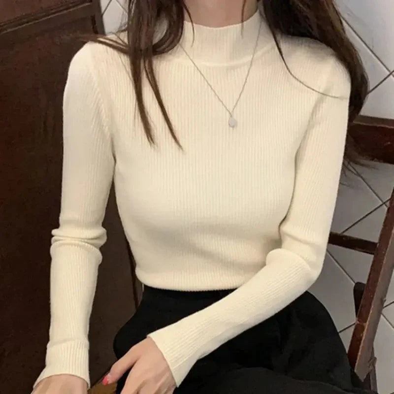 Dame Genser Pullover Mock Neck Strikket 6